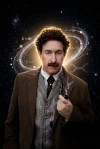 Chris M. Allport portraying young Einstein in the EMC2 musical.